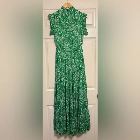 NWOT Pinch Paisley Green White Maxi Dress Flutter Sleeve Tie Waist - Picture 7 of 11